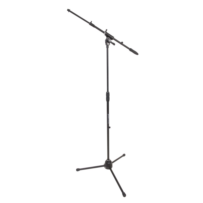 Professional telescopic boom microphone stand, featuring die-cast aluminum heavy duty tripod base and upper joint.