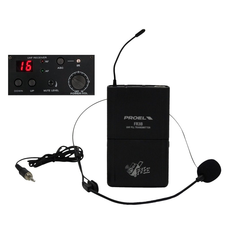 Kit ricevitore + bodypack con microfono headset.