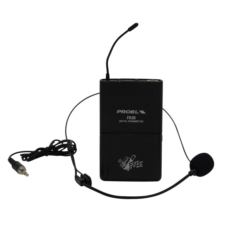 Kit con trasmetittore bodypack e microfono with headset.