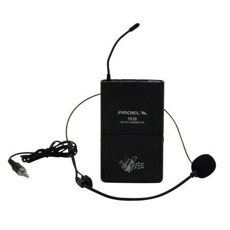 Kit con trasmetittore bodypack e microfono with headset.