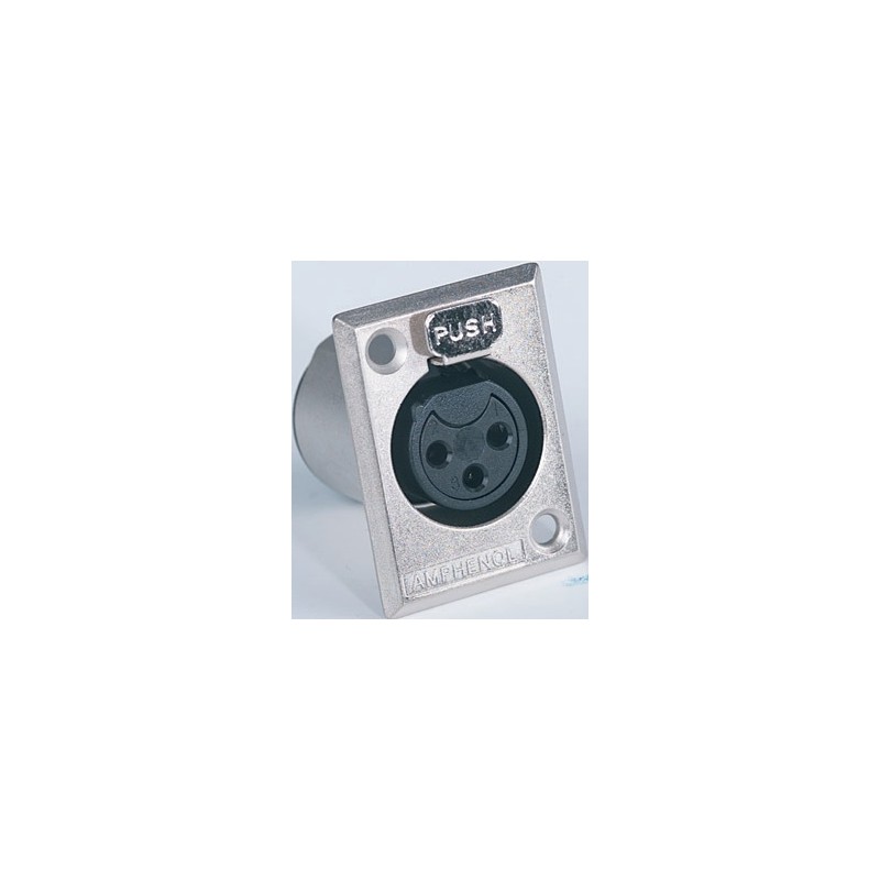 Amphenol XLR 3-pole panel mount female socket with rectangular nickel plated metal flange, solder contacts with latch.