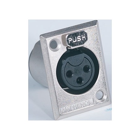 Amphenol XLR 3-pole panel mount female socket with rectangular nickel plated metal flange, solder contacts with latch.