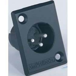 Amphenol XLR 3-pole panel mount male plug with square black metal flange, solder contacts.