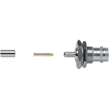 Presa da pannello a crimpare con ghiera 'BNC' 75 ohm completamente in metallo . Per cavo RG174.