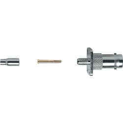 Crimp BNC panel mount female socket with 4 hole plate, 75 Ohm, all metal. For RG174 cable.