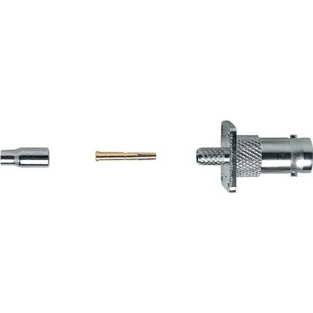 Presa da pannello 'BNC' 75 ohm completamente in metallo a crimpare con piastra 4 fori. Per cavo RG174.