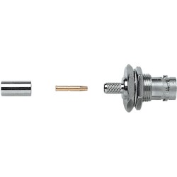 Presa da pannello a crimpare con ghiera 'BNC' 50 ohm completamente in metallo . Per cavo RG58.