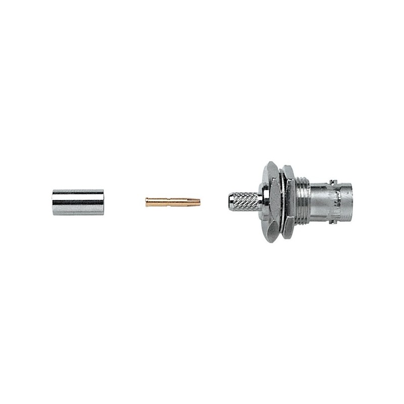 Presa da pannello a crimpare con ghiera 'BNC' 50 ohm completamente in metallo . Per cavo RG58.
