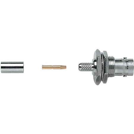 Presa da pannello a crimpare con ghiera 'BNC' 50 ohm completamente in metallo . Per cavo RG58.