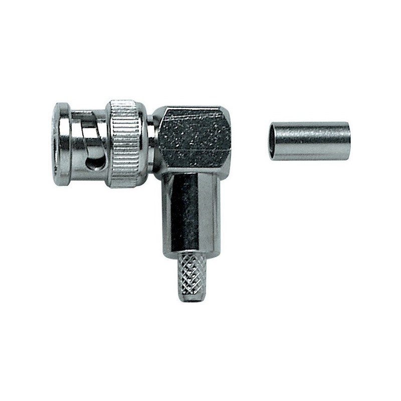 Crimp BNC cable mount right-angled male plug, 50 Ohm, all metal. For RG58 cable.