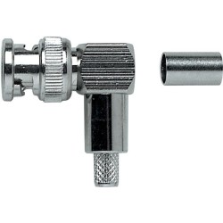 Crimp BNC cable mount right-angled male plug, 75 Ohm, all metal. For RG59 cable.