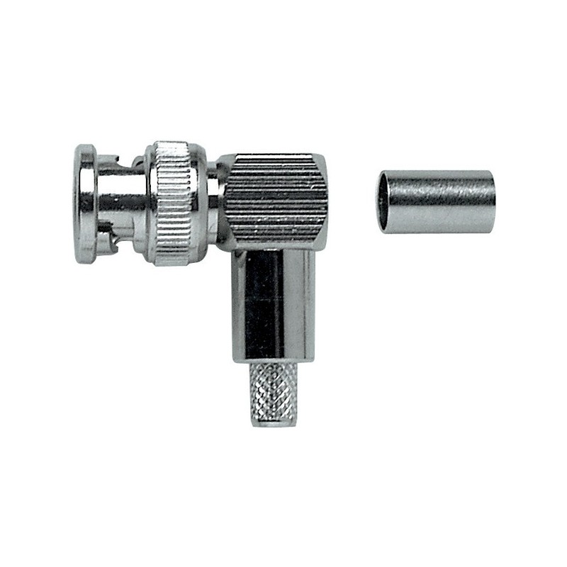 Spina volante ad angolo 'BNC' 75 ohm completamente in metallo a crimpare. Per cavo RG59.
