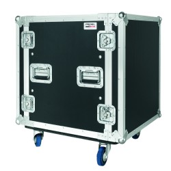 Flight case profissional 12U de 19”, com estrutura interna em espuma, rodas de 100 mm e 50 cm de profundidade útil.