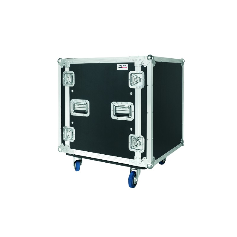 Flight case profissional 12U de 19”, com estrutura interna em espuma, rodas de 100 mm e 50 cm de profundidade útil.