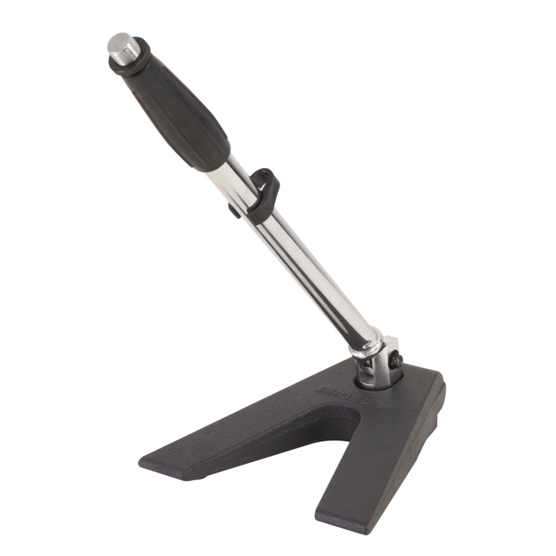 Triangular desktop heavy iron-cast base with telescopic boom.