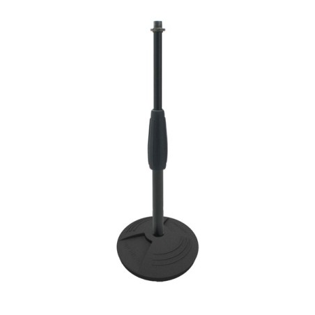 Desktop heavy cast iron base with straight height adjustable tube.