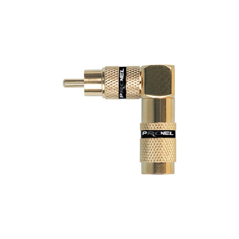 Professional RCA cable mount righangled male plug with gold plated contacts and shell, Ø 9 mm flexible cable spring.