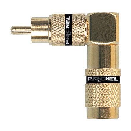 Spina volante RCA professionale angolare a 90° con contatti e manicotto dorati, molla passacavo flessibile Ø 9 mm.