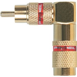 Professional RCA cable mount righangled male plug with gold plated contacts and shell, Ø 9 mm flexible cable spring.