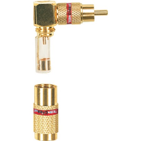 Professional RCA cable mount righangled male plug with gold plated contacts and shell, Ø 9 mm flexible cable spring.