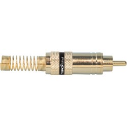 Professional RCA cable mount male plug with gold plated contacts and shell, Ø 8 mm flexible cable spring.