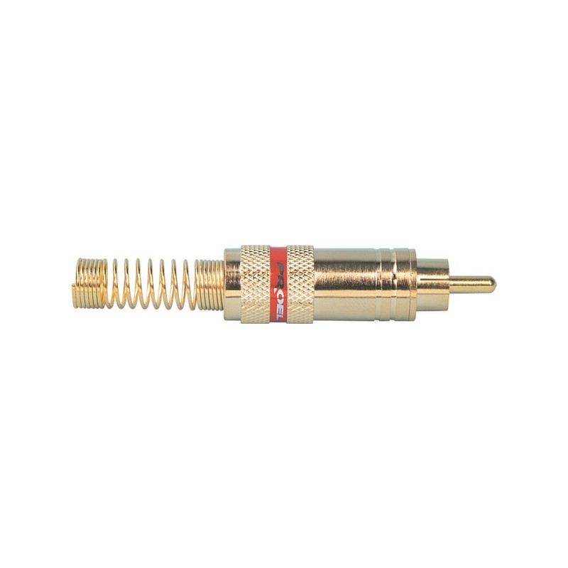 Spina volante RCA professionale con contatti e manicotto dorati, molla passacavo flessibile Ø 8 mm.