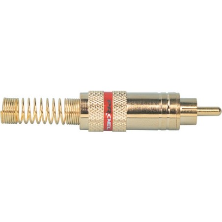 Professional RCA cable mount male plug with gold plated contacts and shell, Ø 8 mm flexible cable spring.
