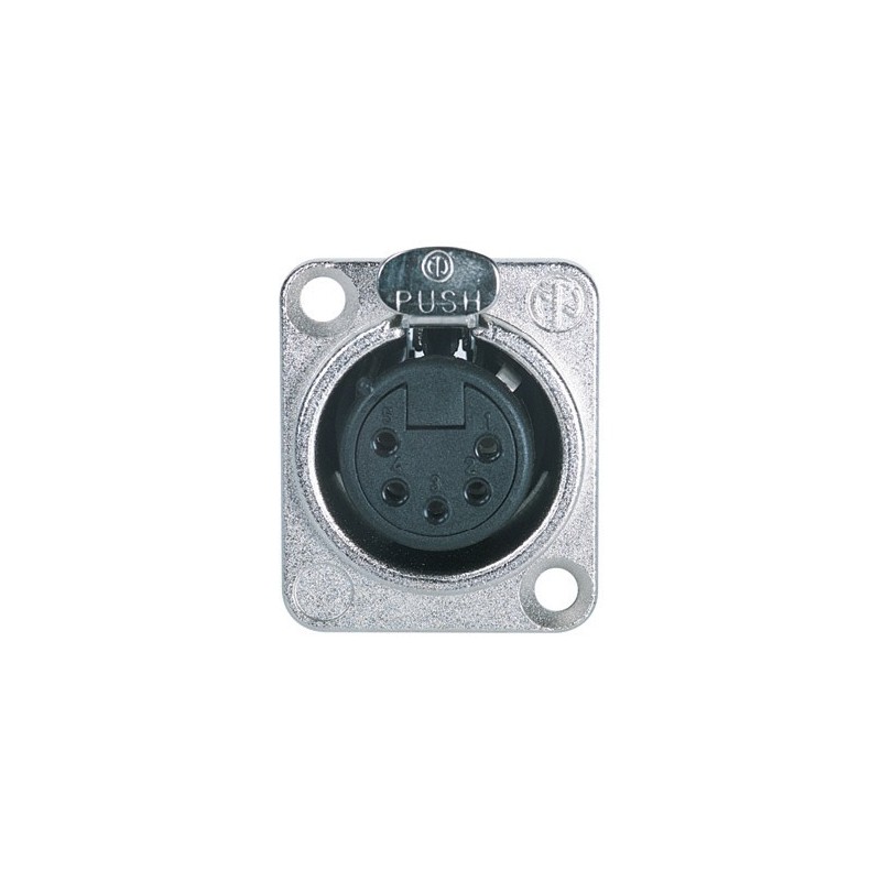 Neutrik XLR panel mount solder termination anodized aluminium female receptacle with D-type flange and latch, 5 poles.