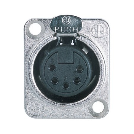 Neutrik XLR panel mount solder termination anodized aluminium female receptacle with D-type flange and latch, 5 poles.