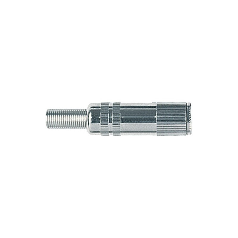 Cable mount stereo jack female socket Ø 2.5 mm. with nickel plated brass shell and Ø 4 mm. flexible cable spring.