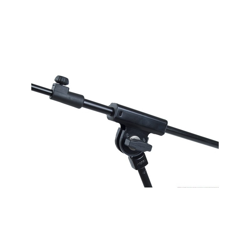 Microphone stand with extensible boom and with tripod die-cast aluminium base.