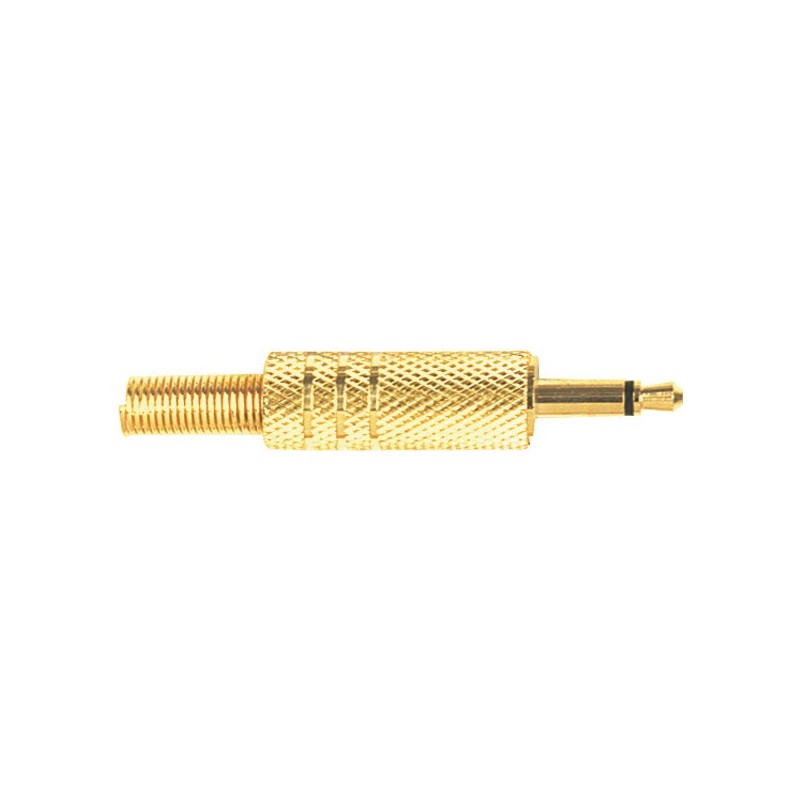 Mono jack male plug Ø 3.5 mm, with gold plated shell and contacts, Ø 5 mm flexible cable spring.
