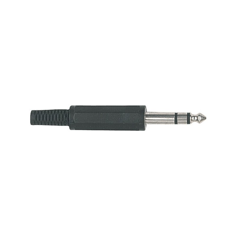 Stereo jack male plug Ø 6.3 mm.- 1/4' with PVC sleeve and Ø 6 mm. cable outlet.