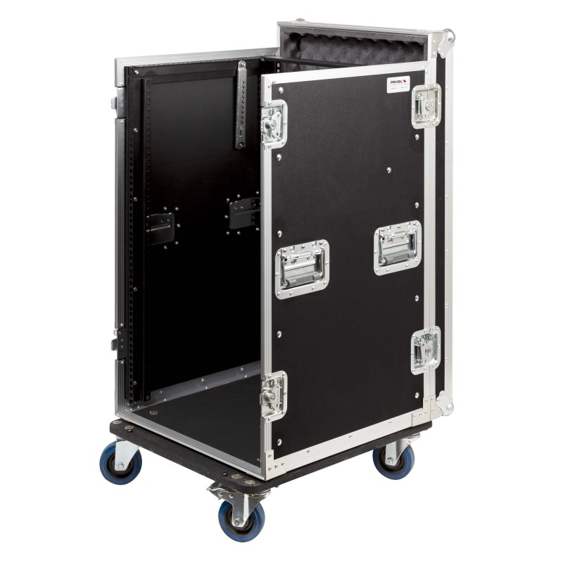 Caixa “COMBO” de 19' 18U com espaço para mesa de mistura regulável em altura de 19' 10U, 45 cm de profundidade útil.