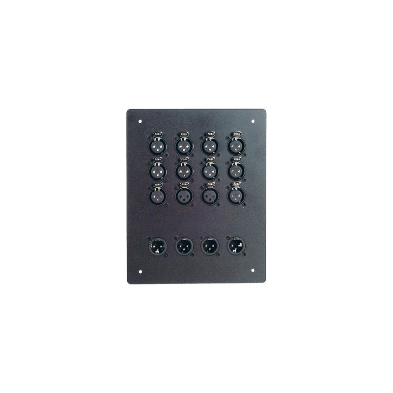 Zinc-plated metal connection plate for 16 XLR connectors.
