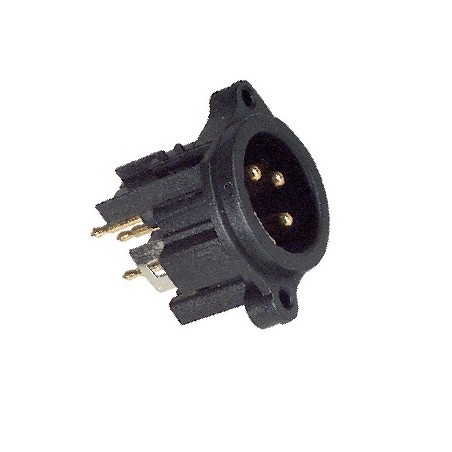 3-pole XLR panel mount nylon male receptacle. Gold plated contacts. PCB vertical contacts.