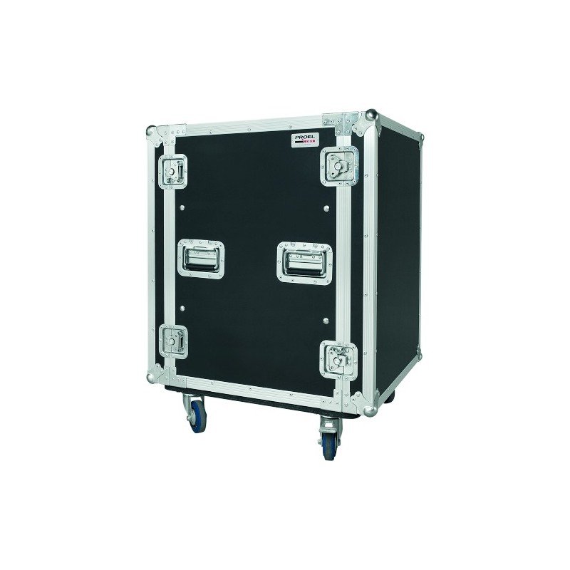 Flight case profissional 16U de 19”, com estrutura interna em espuma, rodas de 100 mm e 50 cm de profundidade útil.