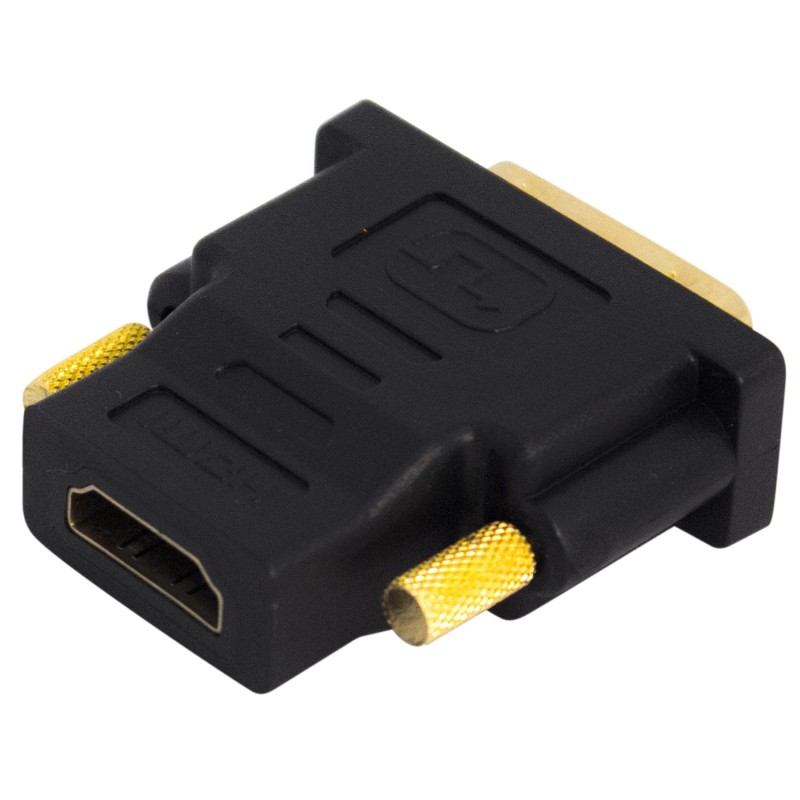 Professional video signal adapter, with DVI (24+5) male to HDMI female connections. Black color with gold plated brass parts.