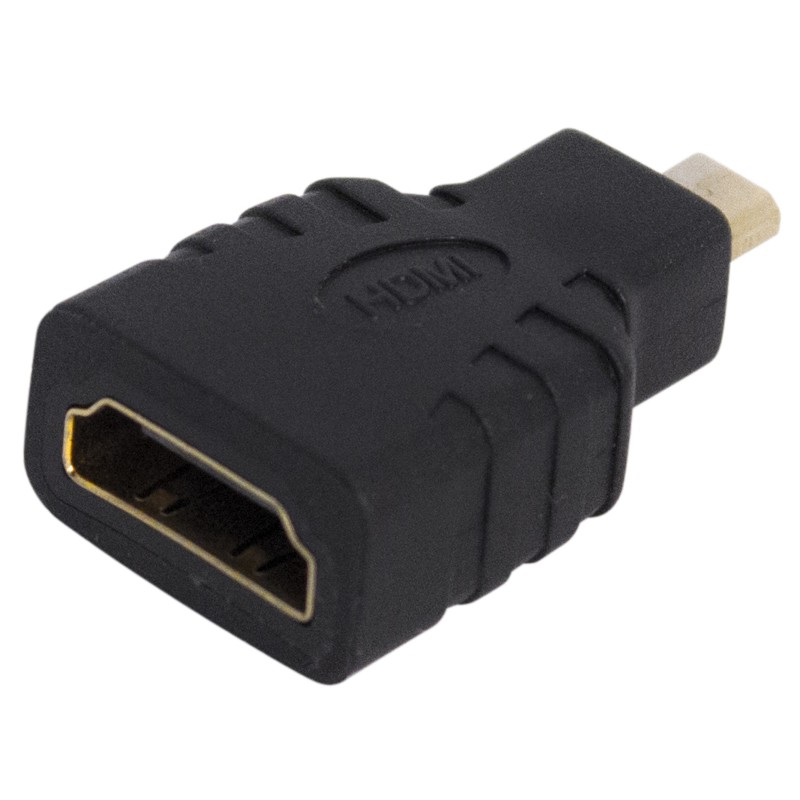 Professional video signal adapter, with HDMI female to Micro HDMI male connections. Black color with gold plated brass parts.