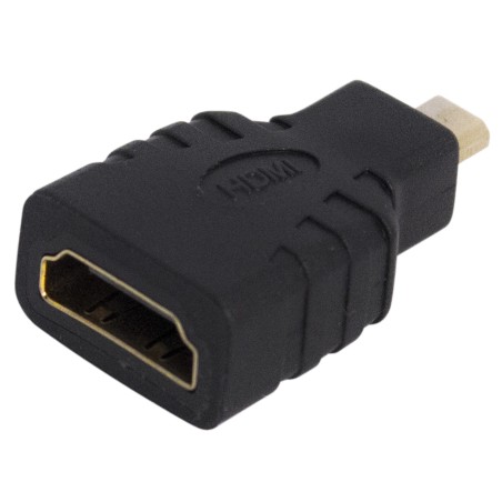 Professional video signal adapter, with HDMI female to Micro HDMI male connections. Black color with gold plated brass parts.