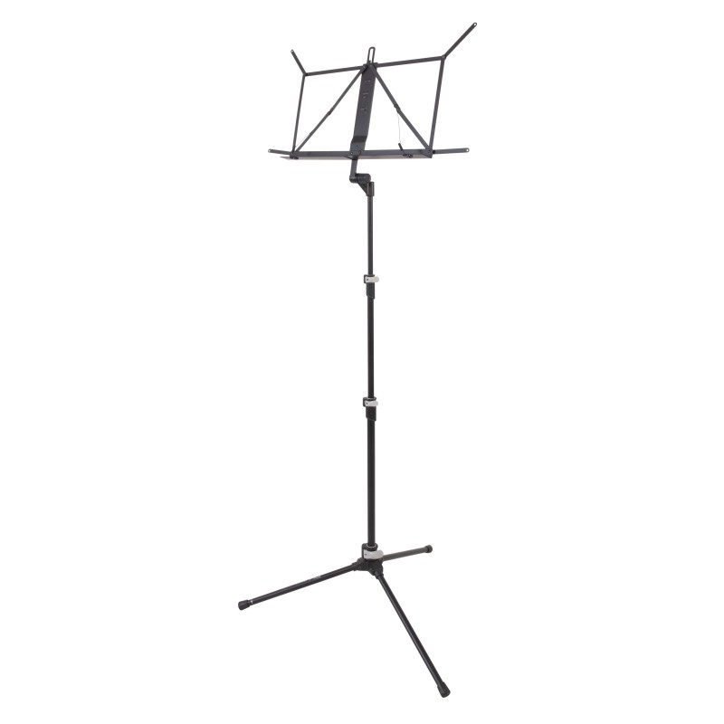 Ultra-light professional music stand with three fully collapsible sections.