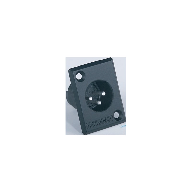 Amphenol XLR 3-pole panel mount male plug with square black metal flange, solder contacts.