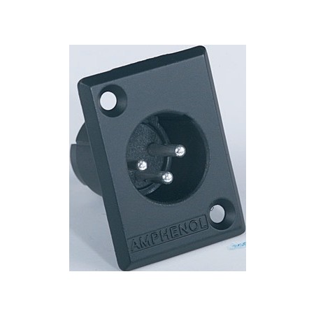 Amphenol XLR 3-pole panel mount male plug with square black metal flange, solder contacts.