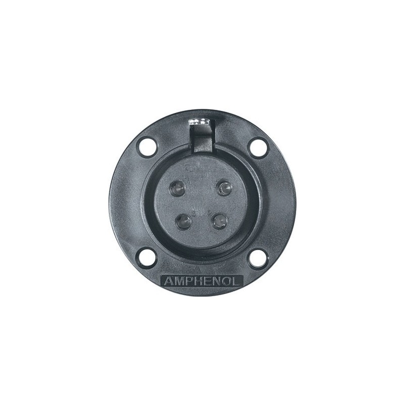 AMPHENOL series panel mount thermoplastic power female receptacle with round flange, 4 poles.