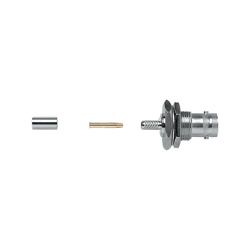 Presa da pannello a crimpare con ghiera 'BNC' 75 ohm completamente in metallo . Per cavo RG174.