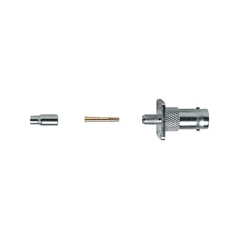 Presa da pannello 'BNC' 75 ohm completamente in metallo a crimpare con piastra 4 fori. Per cavo RG174.
