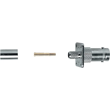 Crimp BNC panel mount female socket with 4-hole plate, 75 Ohm, all metal. For RG59 cable.