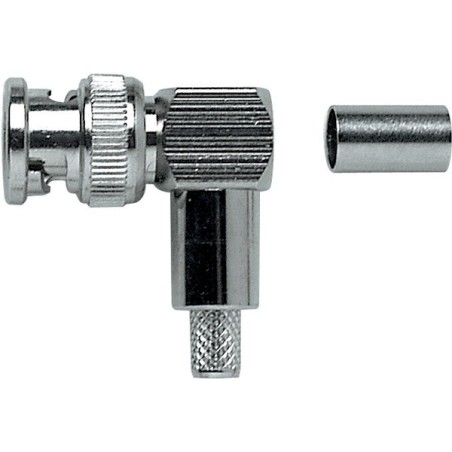 Spina volante ad angolo 'BNC' 75 ohm completamente in metallo a crimpare. Per cavo RG59.