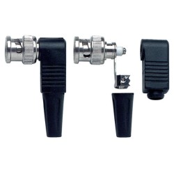 Solder BNC cable mount right-angled male plug, 75 Ohm, all metal, PVC protective sleeve included. For RG59 cable. 2