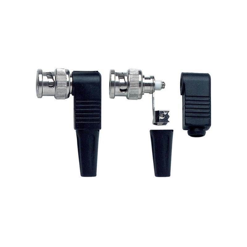 Spina volante 'BNC' 75 ohm ad angolo a saldare completamente in metallo compreso di manicotto protettivo in PVC. Per cavo RG59.